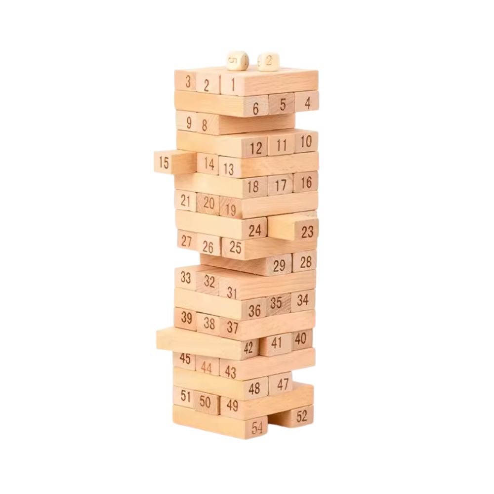 54 stk treklosser med nummer (Jenga) med 4 Terninger