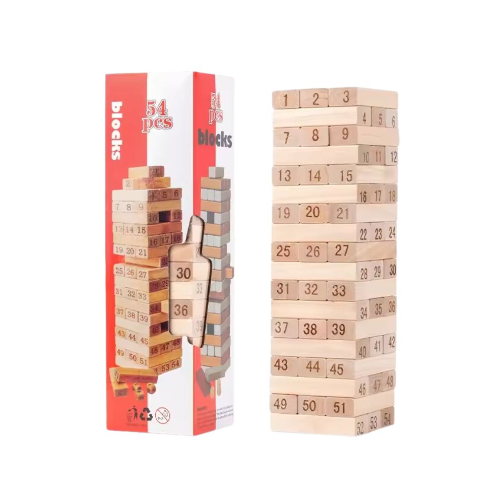 54 stk treklosser med nummer (Jenga) med 4 Terninger